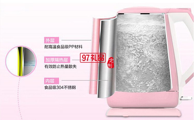 定制水壺   304食品級(jí)不銹鋼雙層防燙電熱水壺 1.7L