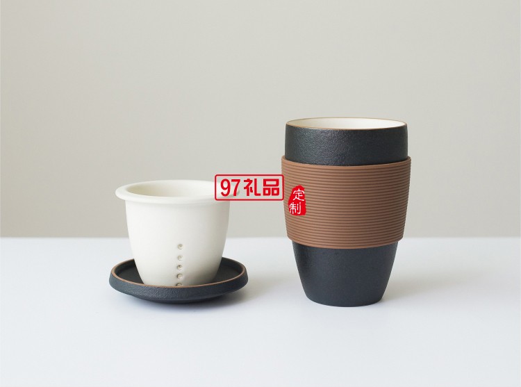 小皿泡茶杯 茶水分離帶過(guò)濾網(wǎng)硅膠套創(chuàng)意禮品陶瓷杯