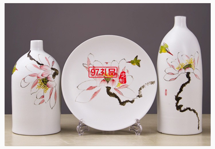 景德鎮(zhèn)陶瓷工藝品 時(shí)尚客廳家居手工擺件陶藝三件套花瓶花插