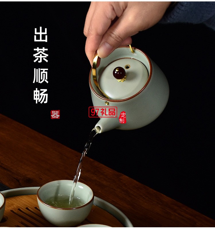  汝窯功夫茶具套裝家用提梁茶壺茶杯開片仿古汝瓷干泡盤